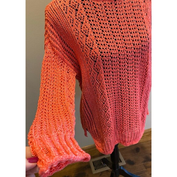 Chico’s Loose Open Weave Sweater Size Medium Orange Tangerine Round Neckline - Picture 3 of 11